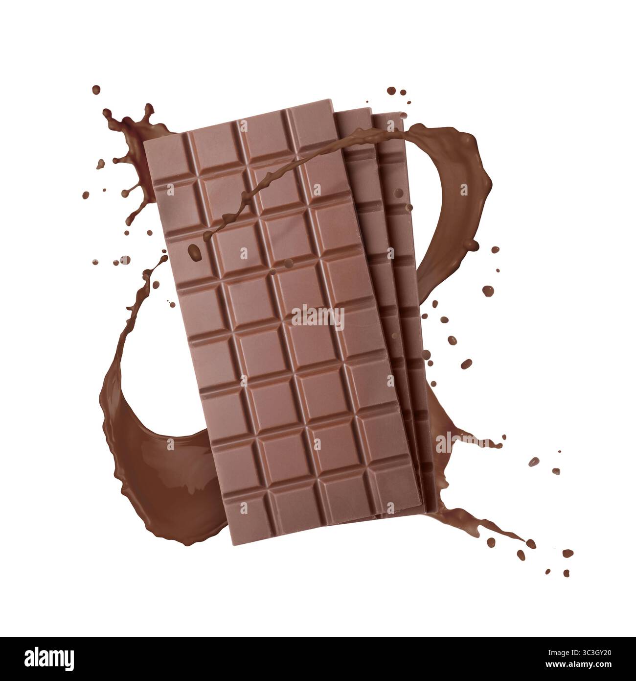 Schokoladentafeln und Kakaogetränk spritzen auf weißem Hintergrund Stockfoto