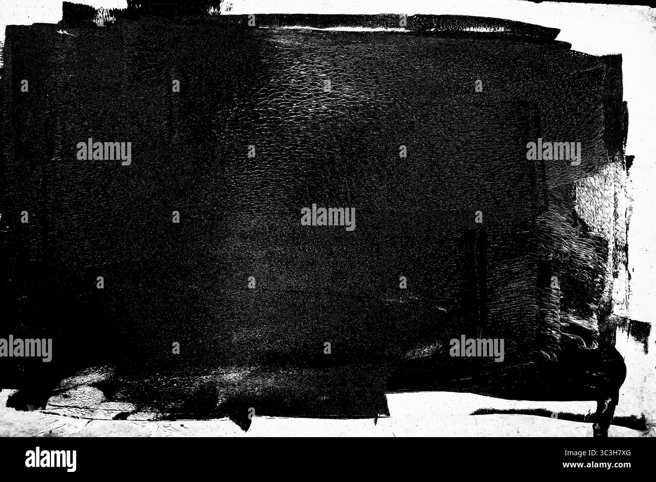 Abstrakte Textur schwarzer Tinte mit rauen Kanten, künstlerische Pinselstriche, vertiefter Rahmen isoliert auf transparentem Hintergrund, Stockfoto