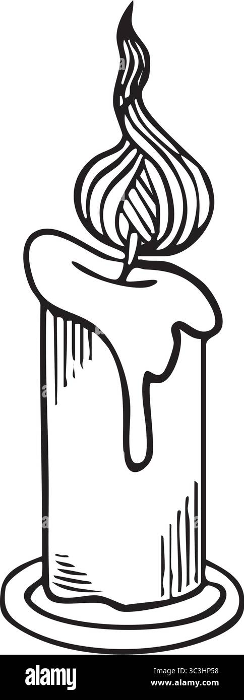 Kerze mit Flamme und Wachstropfen. Vektor-handgezeichnete Illustration auf weißem Hintergrund. Designelement für Grußkarten und Einladungen Stock Vektor