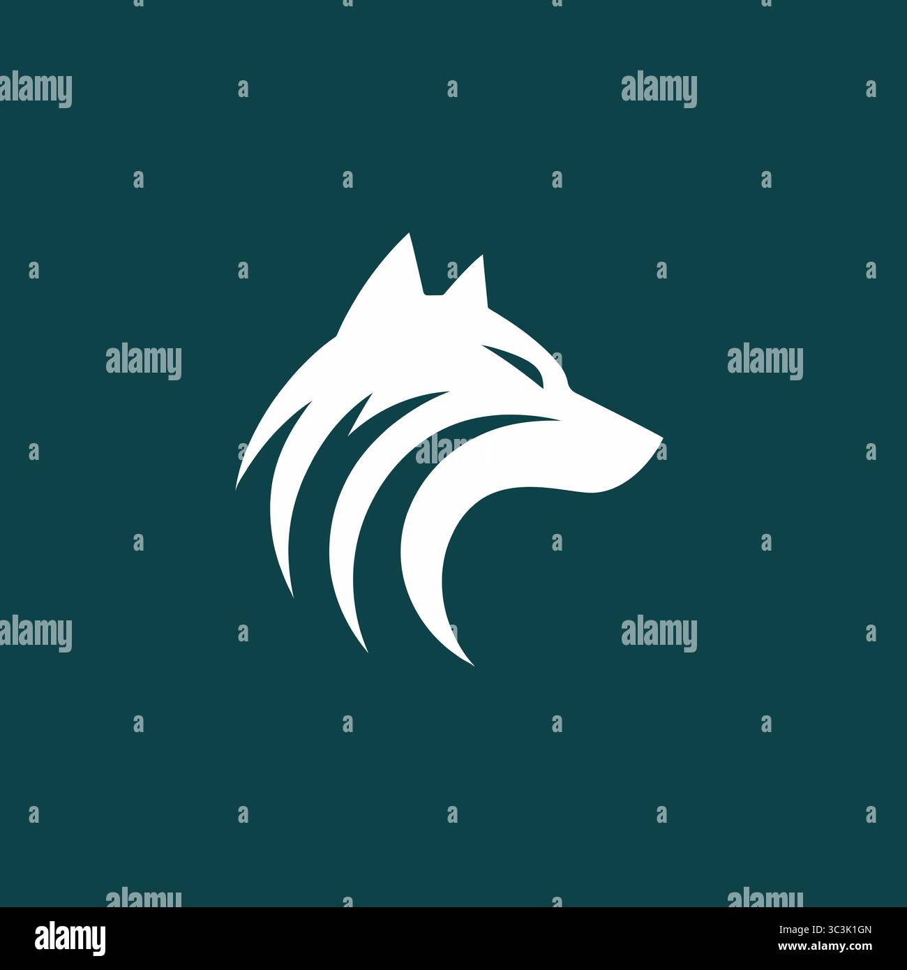 Eine schlanke grafische Illustration mit einem stilisierten Wolfskopf in weiß vor einem dunklen blaugrünen Hintergrund. Stock Vektor