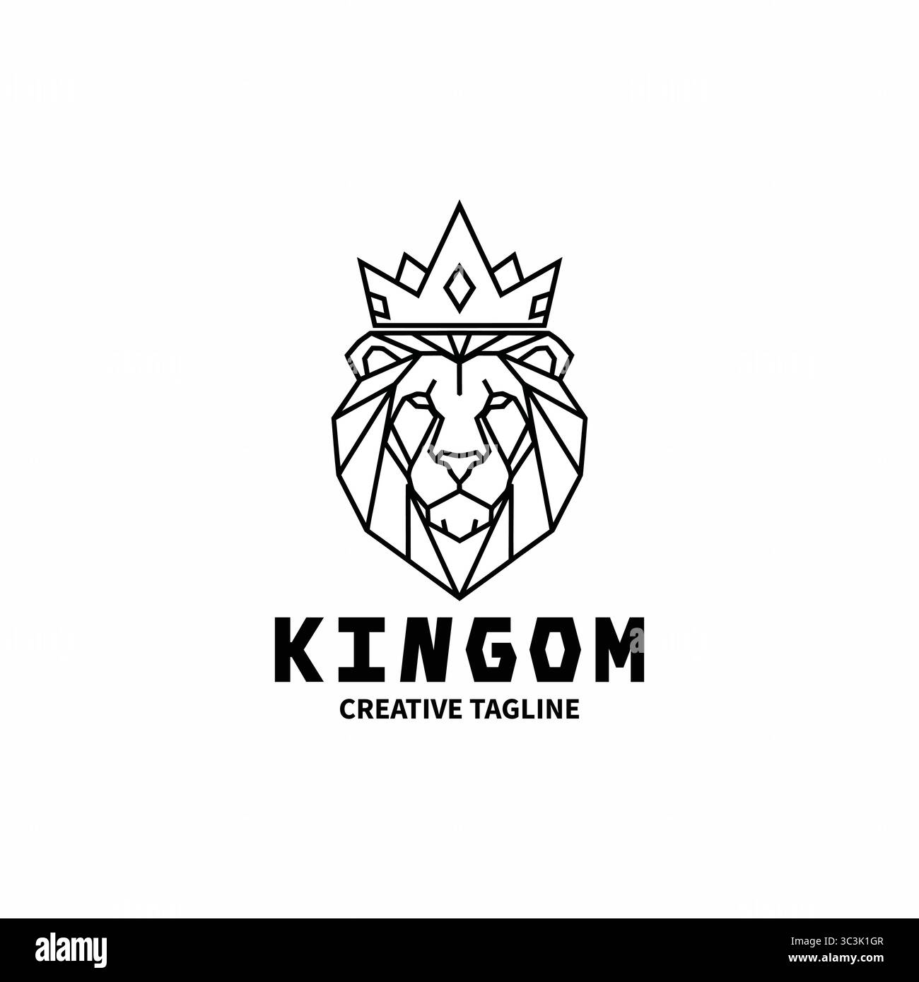 Eine auffällige grafische Illustration mit einem geometrischen Löwenkopf mit einer Krone, begleitet von dem Wort „KÖNIGREICH“ und einem Platz für einen kreativen Slogan. Stock Vektor