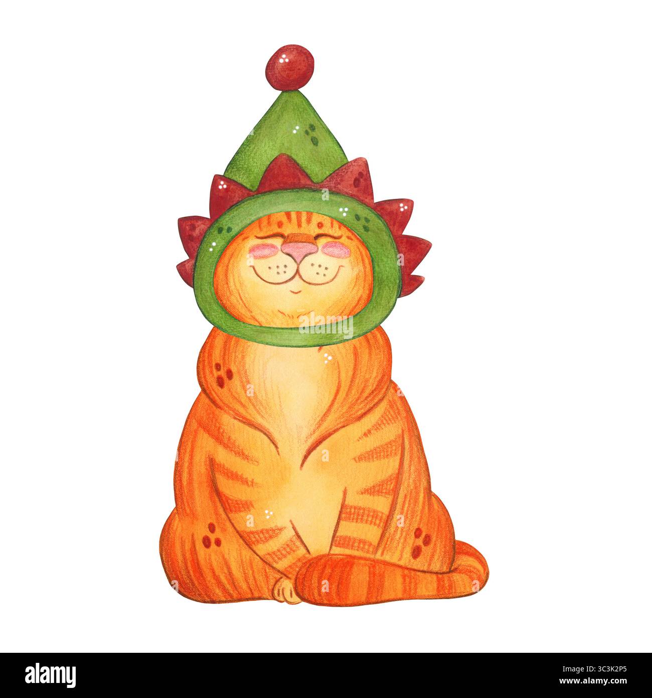 Eine Katze mit weihnachtlichem Elfenhut, die Assistentin des Weihnachtsmanns. Aquarellillustration handgezeichnet, Zeichentrick. Zeichnung für Aufkleber, Karten, Scrapbooking. Katze, Haustier, Spielzeug Stockfoto