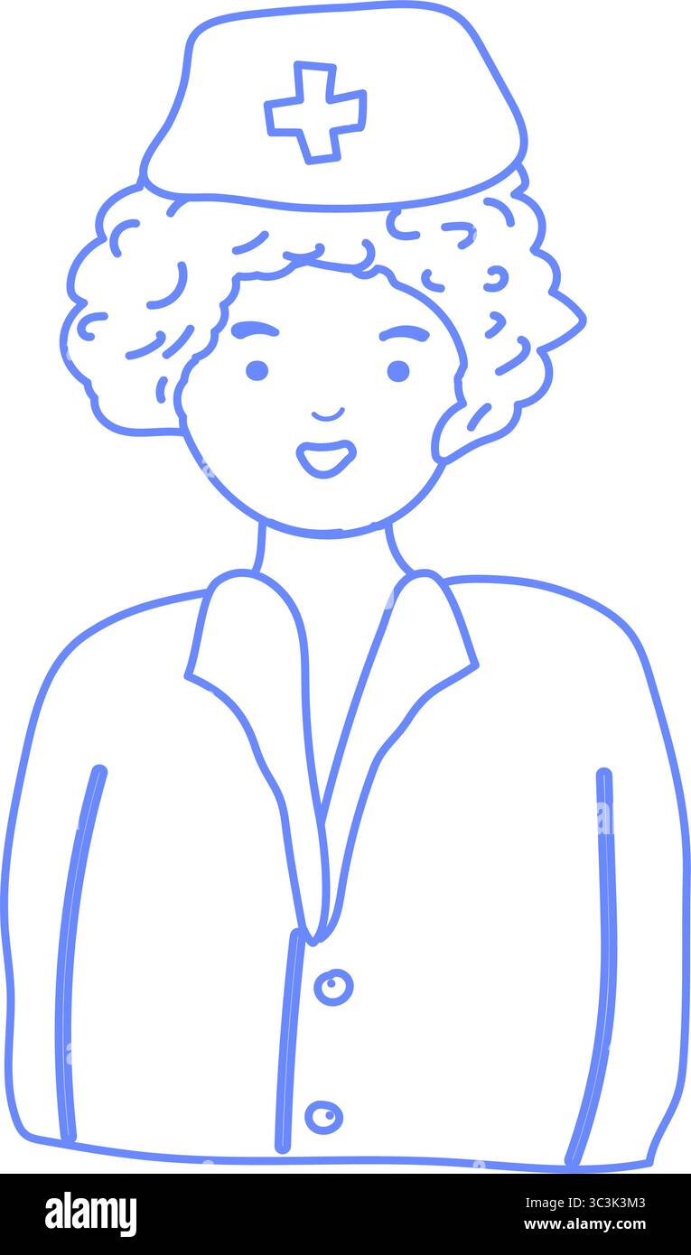 Umrissblaue handgezeichnete Illustration einer lockigen weiblichen Krankenschwester oder eines medizinischen Personals in Uniform mit einer Kreuzkappe, dargestellt von der Taille nach oben. Konzept Stock Vektor