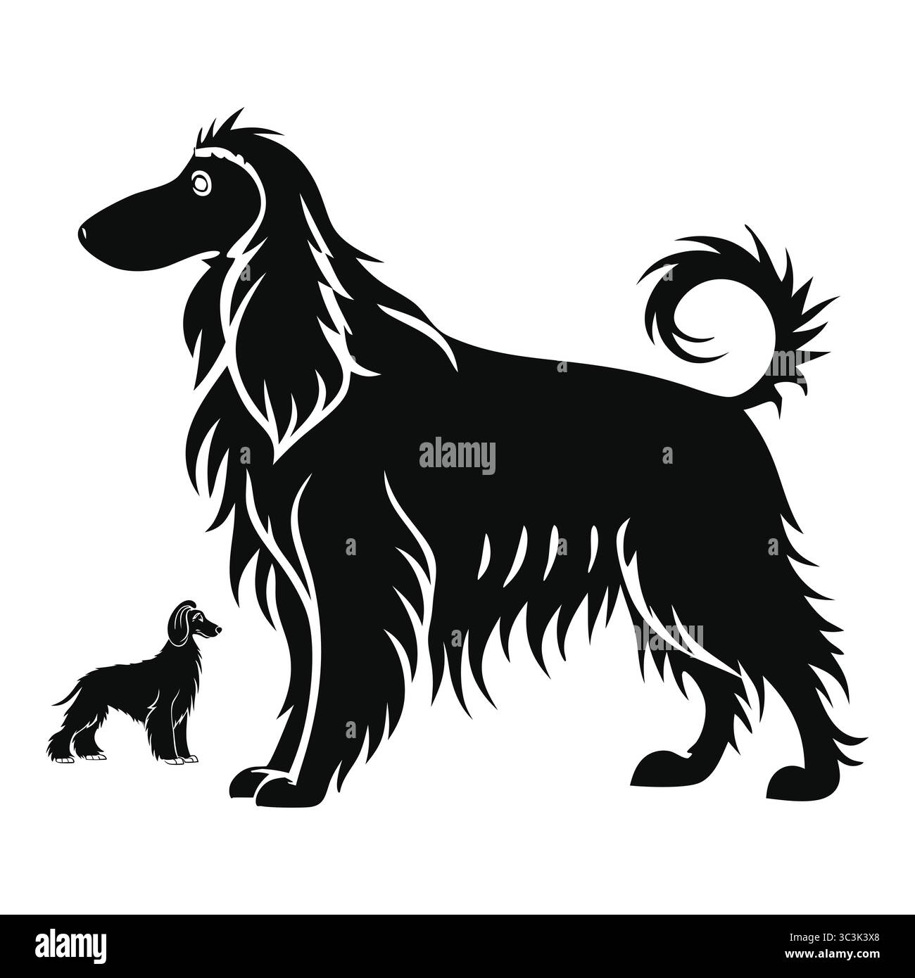 Afghanischer Hund Silhouette Illustration von zwei eleganten langhaarigen Hunden, die anmutig stehen Stock Vektor