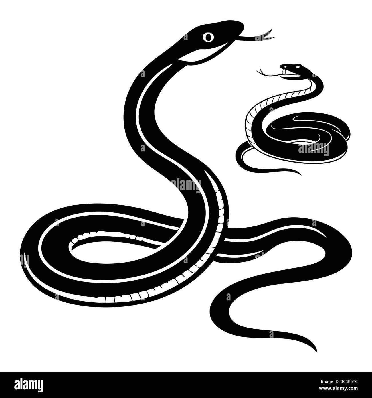 Schwarz-weiße Äskulapische Schlangenillustration mit zwei stilisierten Schlangen mit einzigartigen Designs Stock Vektor