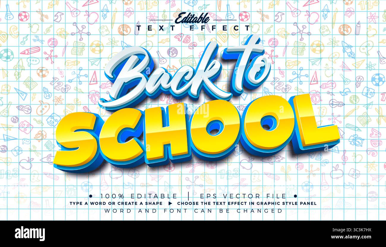 Willkommen zurück in der Schule editierbarer Illustrator Texteffekt Design Vektor Grafischer Stileffekt mit anpassbarer 3D-Cartoon-Schriftart auf weißem Blatt von Stock Vektor