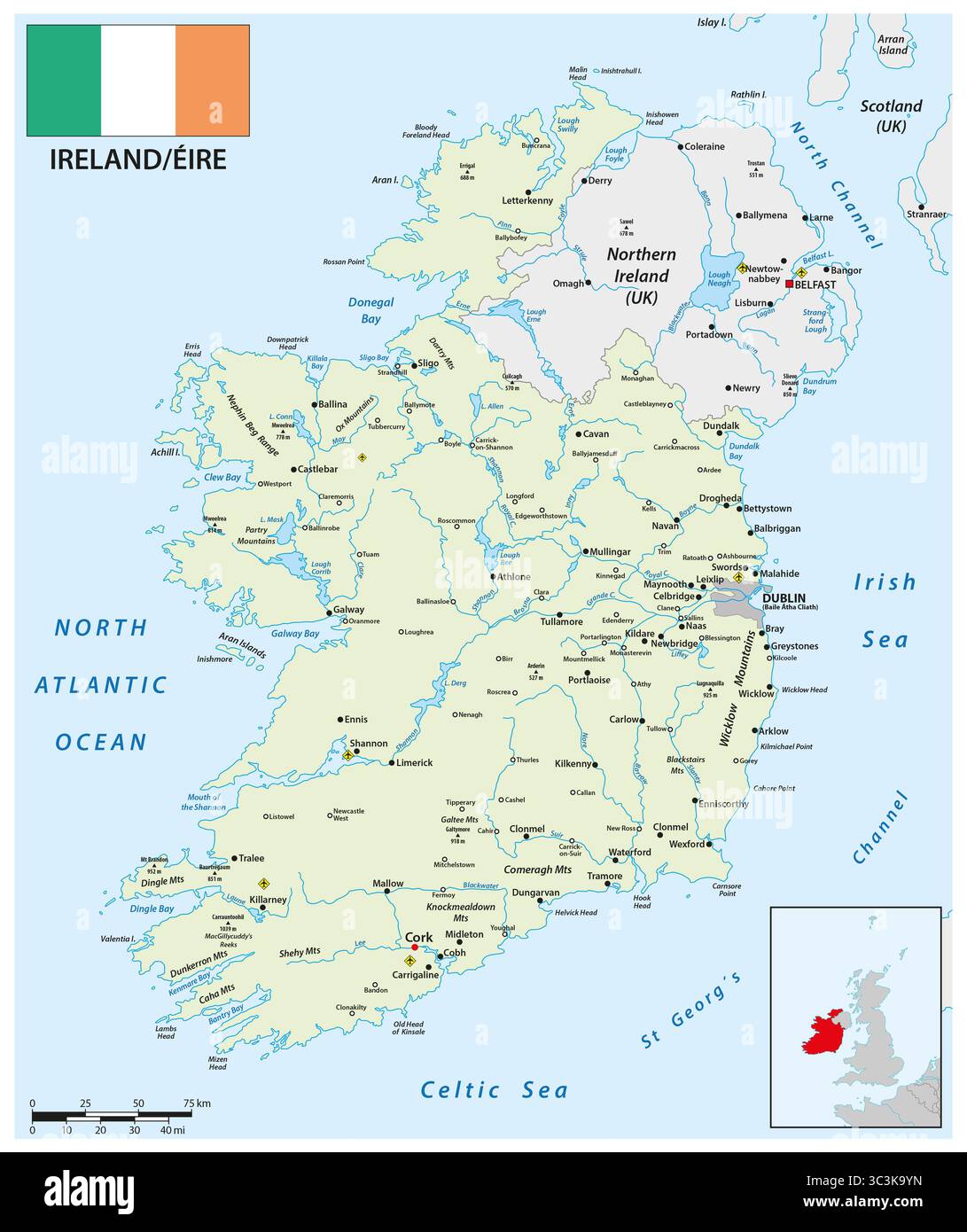 Karte des europäischen Inselstaates Irland Stockfoto
