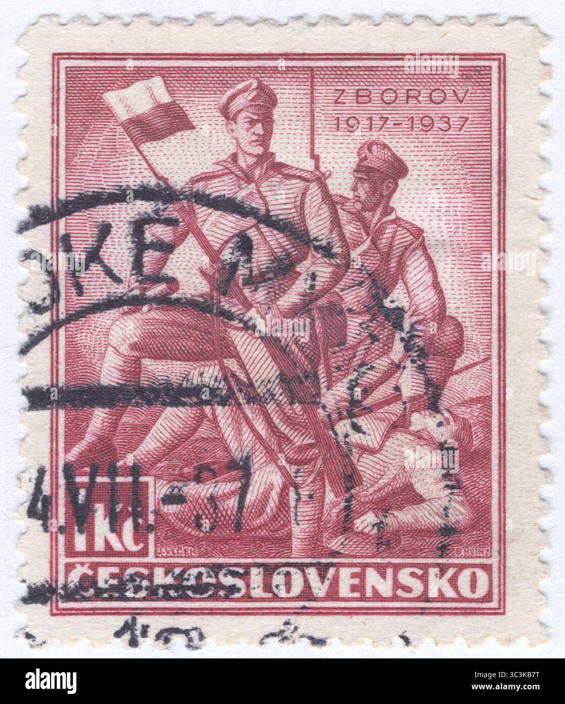 TSCHECHOSLOWAKEI - 15. Juni 1937: 1 Kronen-Rosensee-Briefmarke mit Soldaten der Tschechischen Legion. 20. Jahrestag der Schlacht von Zborow, der ersten Aktion der Tschechoslowakischen Legionen, der Freiwilligen Streitkräfte, die überwiegend aus Tschechen und Slowaken bestehen, die im Ersten Weltkrieg auf der Seite der Entente-Mächte und während des russischen Bürgerkrieges bis November 1919 gegen die Weiße Armee kämpften. Ihr Ziel war es, die Unterstützung der alliierten Mächte für die Unabhängigkeit der Länder der Böhmischen Krone vom österreichischen Reich und der slowakischen Gebiete vom Königreich Ungarn zu gewinnen Stockfoto