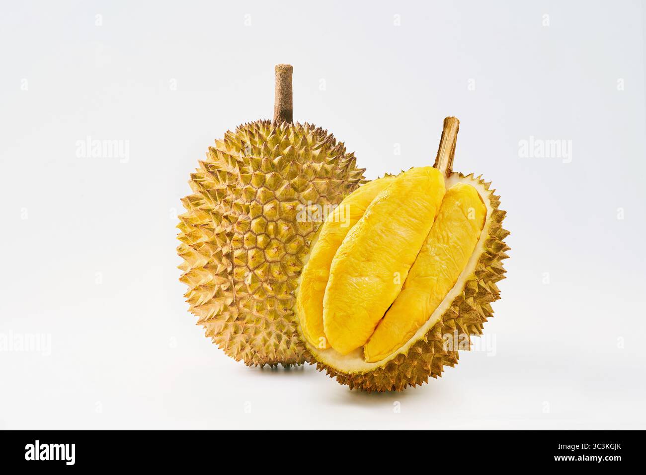 Bild von Durian, köstliche und frische vietnamesische Durian, reife Durian Frucht mit gelbem Fleisch auf weißem Hintergrund Stockfoto