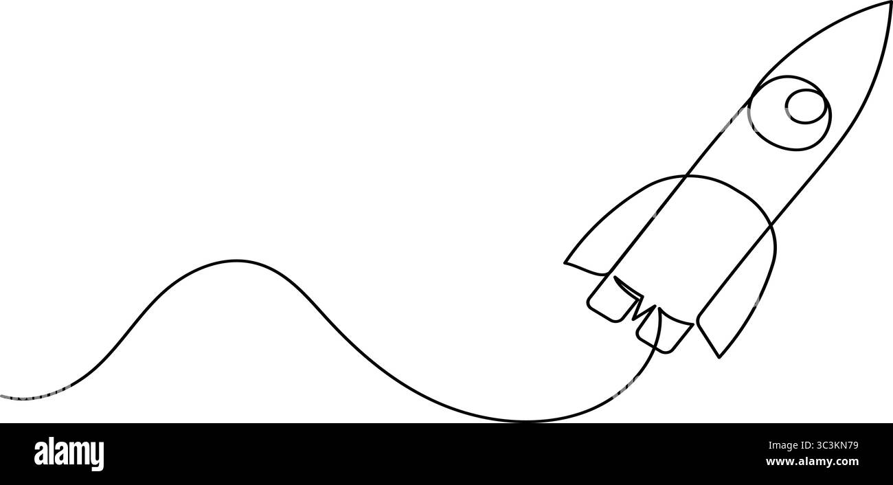 Raketenstartsymbol in einer durchgehenden Linie minimalistischer Stil isoliert auf weißem Hintergrund Stock Vektor
