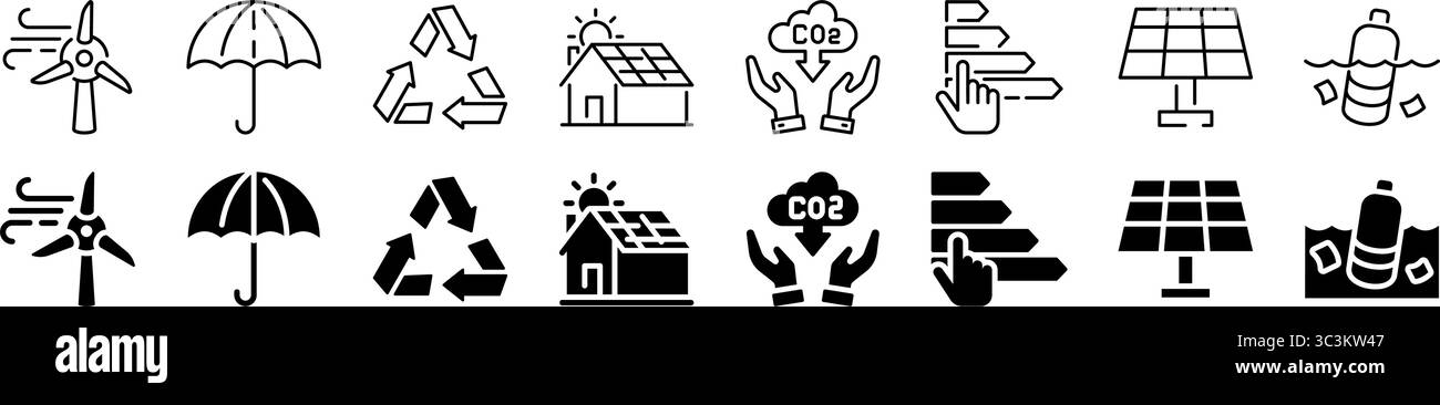 Symbolsatz für ökologische Nachhaltigkeit und grüne Energie. Linear und Silhouette. Stock Vektor