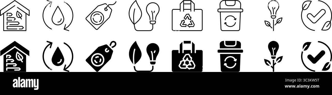 Umweltfreundliches und nachhaltiges Symbolset. Linear und Silhouette. Stock Vektor