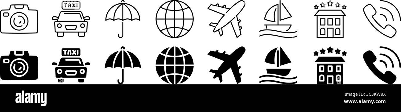 Reise- und Tourismussymbole. Linear und Silhouette. Stock Vektor