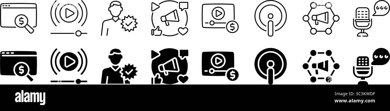 Symbolsatz für Online-Werbung und Videoinhalte. Linear und Silhouette. Stock Vektor