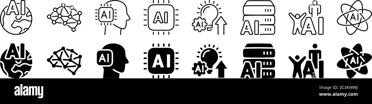 KI-Konzept-Symbolsatz mit Chip, Gehirn und Netzwerk. Linear und Silhouette. Stock Vektor