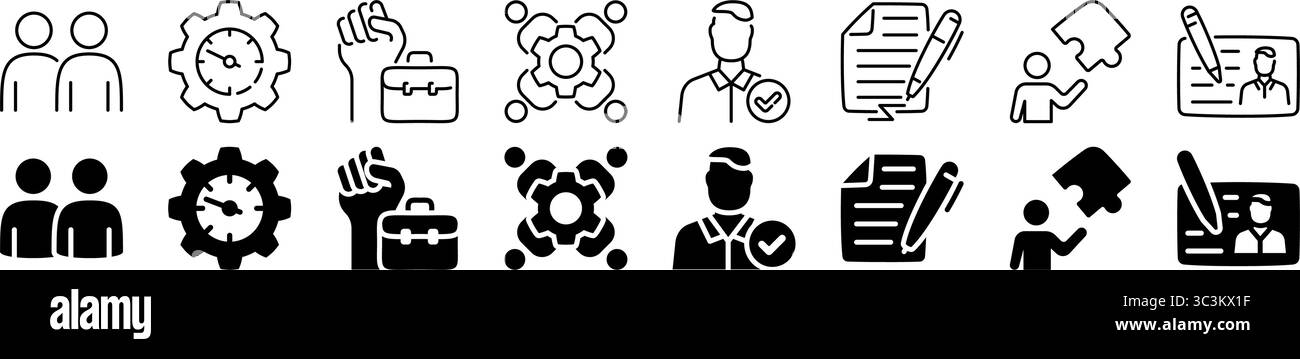 Symbolgruppe Personalmanagement und Produktivität. Linear und Silhouette. Stock Vektor