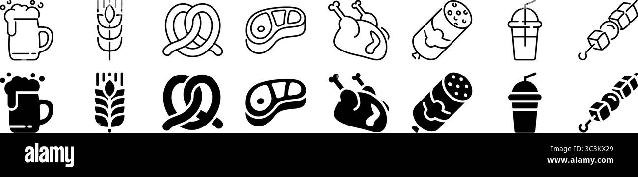 Symbol für Bier, Fleisch und Snacks. Linear und Silhouette. Stock Vektor