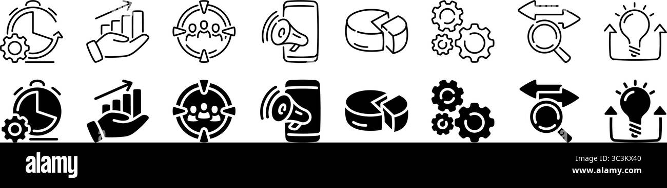 Symbolgruppe für Geschäftswachstum und Analysen. Linear und Silhouette. Stock Vektor