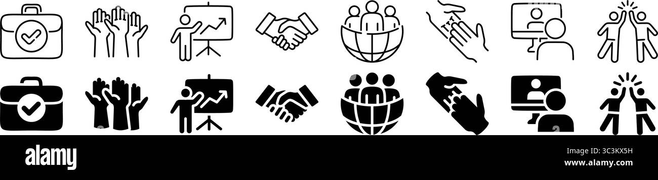 Symbolsatz für geschäftliche Zusammenarbeit und Teamarbeit. Linear und Silhouette. Stock Vektor