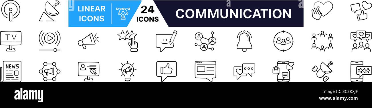 Symbolgruppe Kommunikation. Symbol für soziale Medien. Lineare Ausführung. Stock Vektor