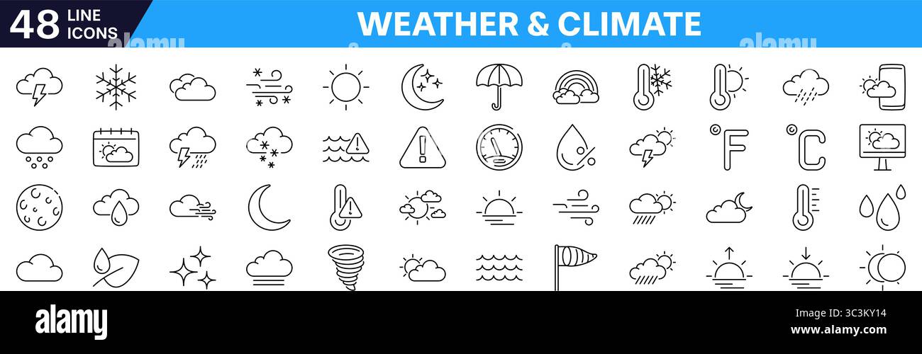 Symbol für Wetter und Klima gesetzt. Lineare Ausführung. Stock Vektor