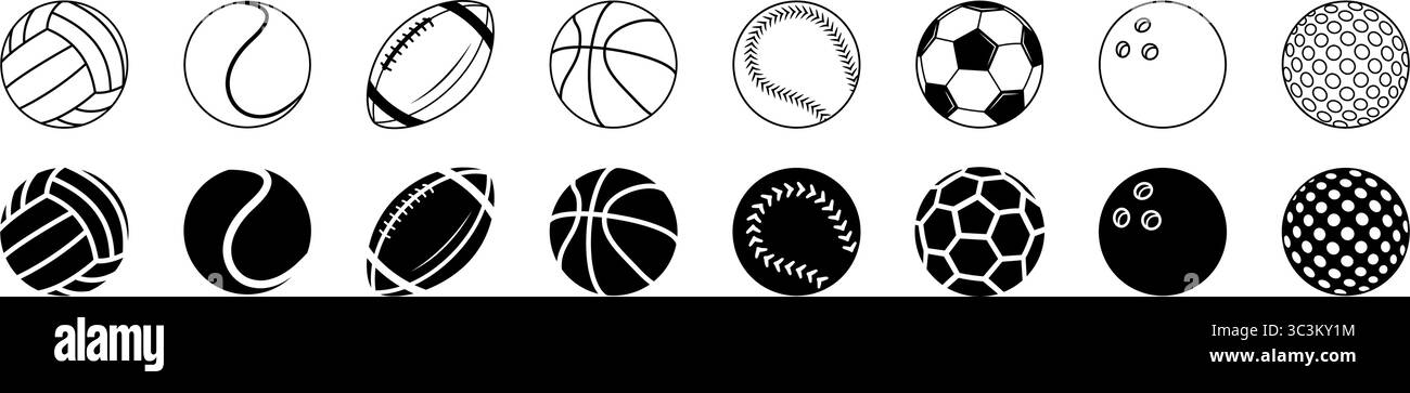 Ball-Symbol-Set. Linear, Silhouette, flach. Set mit schwarz-weißen Sportball-Symbolen. Stock Vektor