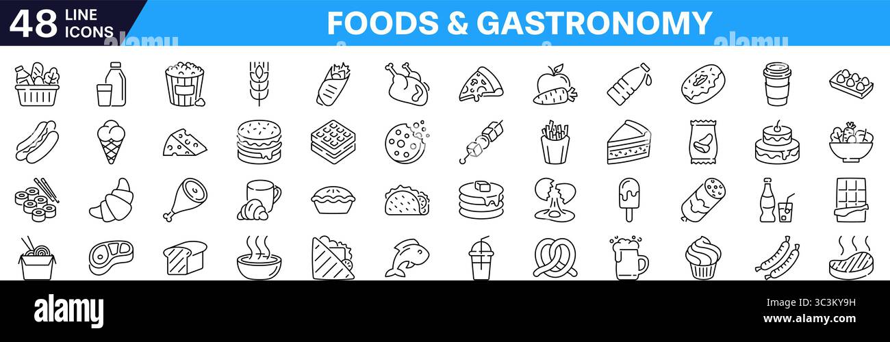 Symbolgruppe „Lebensmittel“. Symbol für Gastronomie. Lineares Symbol. Stock Vektor