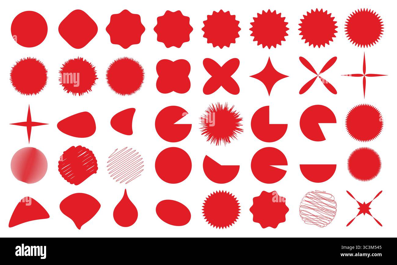 Set aus rotem Starburst. Rotes Vektorpaket mit abstrakter Form und einzigartigen Abzeichen und dekorativen Symbolen. Rotes Sternenaufkleber-Set. Stock Vektor