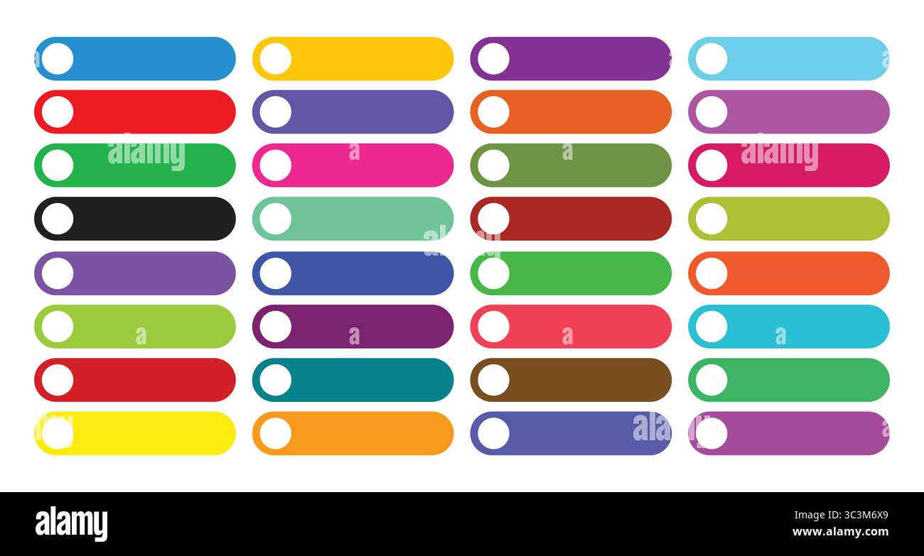 Flache Designvorlage für Webschaltflächen. Umschalttaste UI-Element farbenfrohes Vektorset für Benutzeroberfläche und App-Design. Farbenfrohe Tasten Stock Vektor