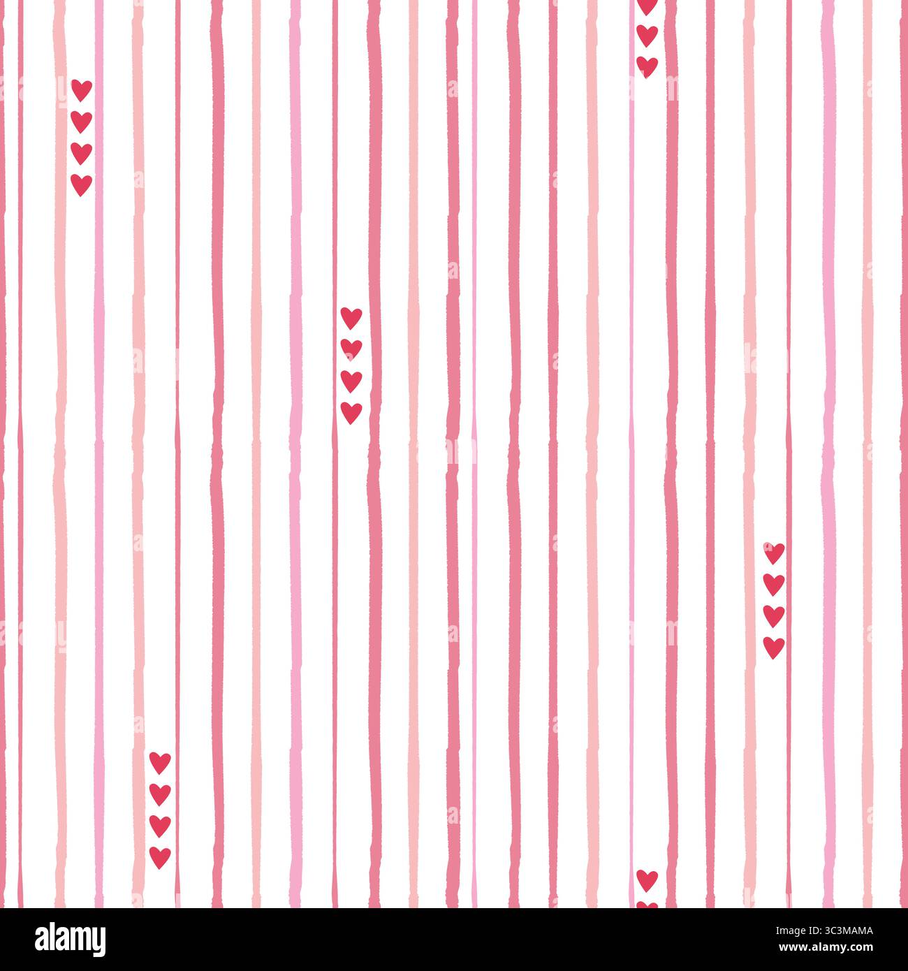 Nahtloses Muster mit rauen Streifen und niedlichen Herzdetails. Vertikaler rosa roter Valentinstag romantischer gestreifter Pyjama Hintergrund. Stock Vektor