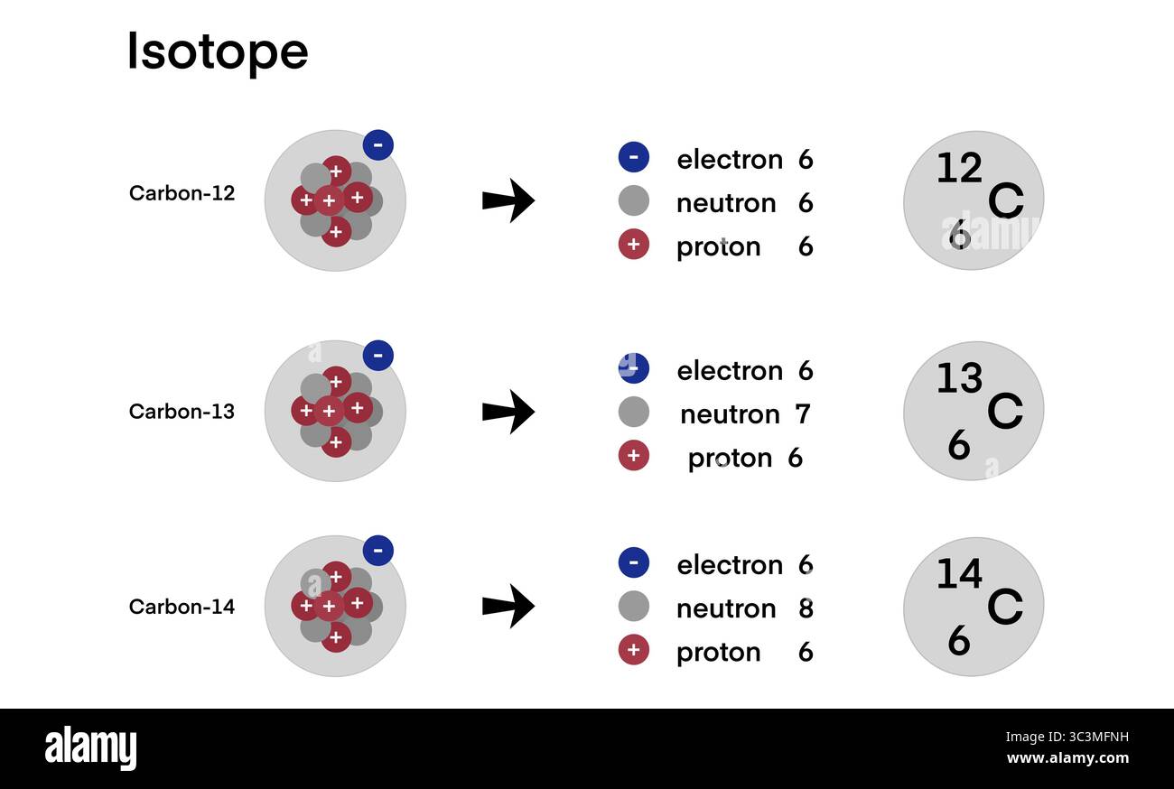 Drei Isotope von Kohlenstoff Kohlenstoff-12, Kohlenstoff-13 und Kohlenstoff-14 teilen die gleiche Anzahl an Protonen und Elektronen, unterscheiden sich aber in der Neutronenzahl, was veranschaulicht Stockfoto