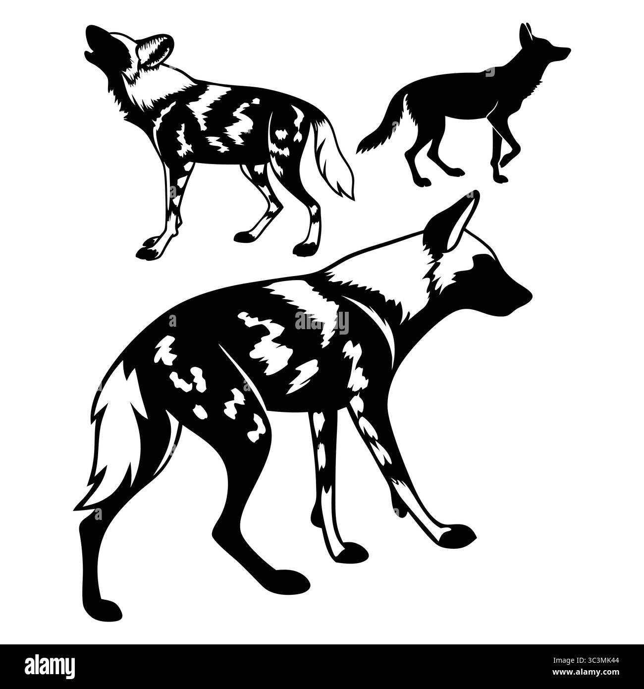 Stilvolle Schwarzweiß-Illustrationen afrikanischer Wildhunde Stock Vektor