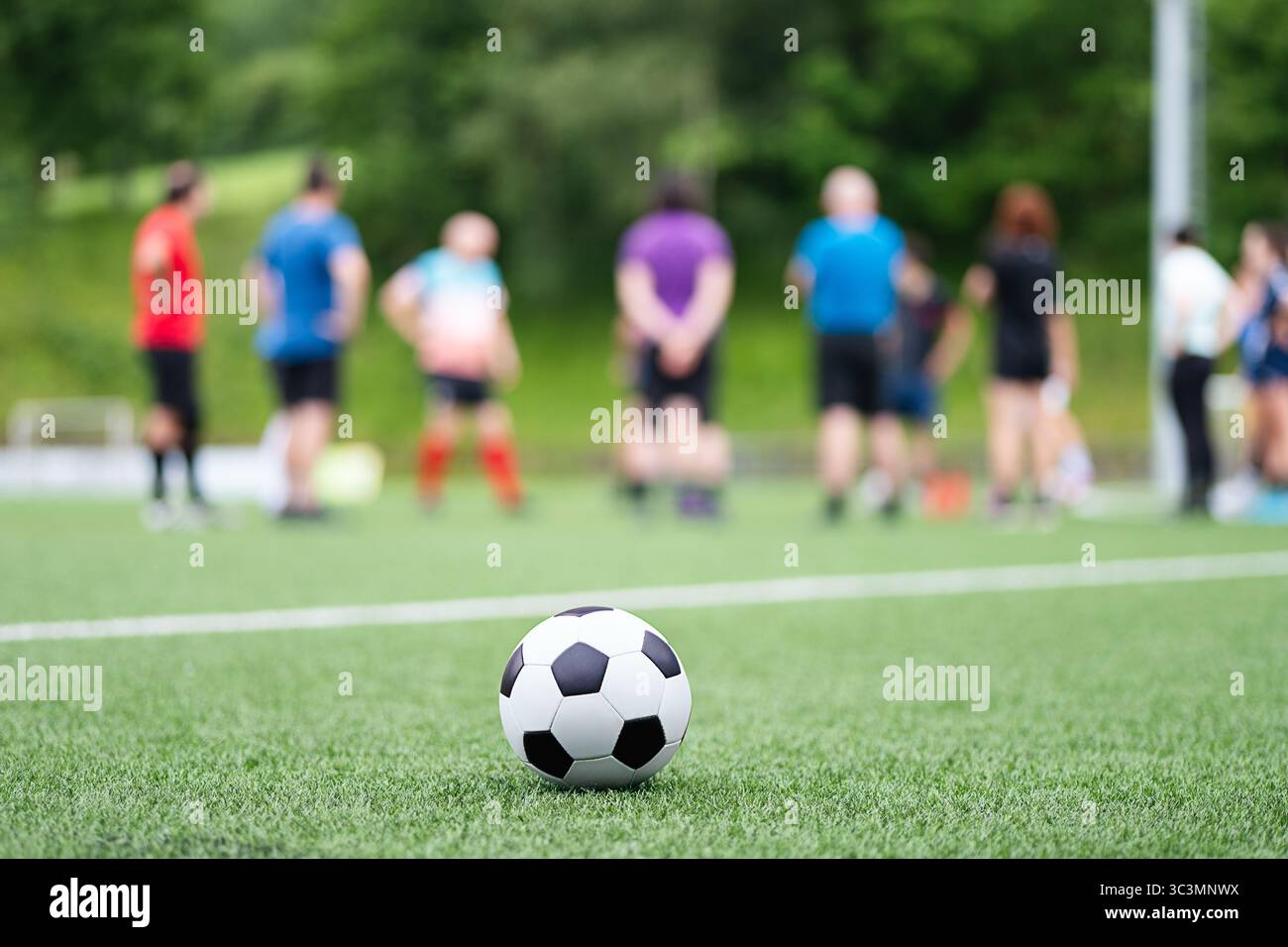 Nicht erkennbare Personen, die auf einem grünen Fußballfeld stehen, mit einem schwarz-weißen Ball im Vordergrund. Die Umgebung ist an einem sonnigen Tag mit üppiger Vegetation im Freien Stockfoto
