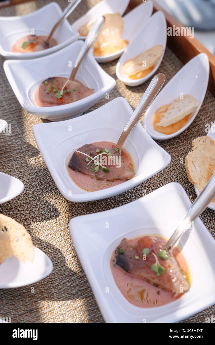 Exquisite Gourmet-Snacks, die auf einer eleganten Veranstaltung serviert werden, mit dünn geschnittenem geräucherten Fisch mit Mikrogrün und einem Spritzer Soße sowie knusprigem Brot Stockfoto