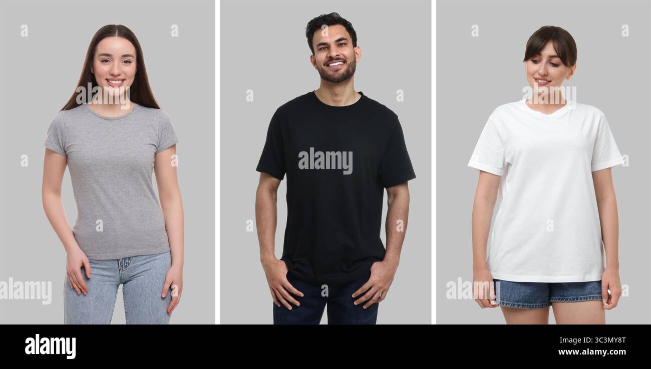 Menschen in verschiedenen T-Shirts vor grauem Hintergrund. Modell für Design Stockfoto