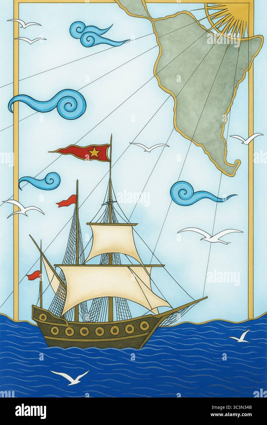 Galeonsegeln im Vintage-Stil in der Nähe von Südamerika mit dekorativen Kartenelementen, Sonne, Wolken und Möwen. Stockfoto