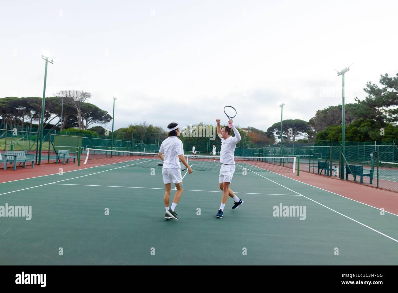 Verschiedene männliche Tennispartner in weißen Outfits feiern den Sieg auf dem grünen Platz mit Schlägern und Netz Stockfoto