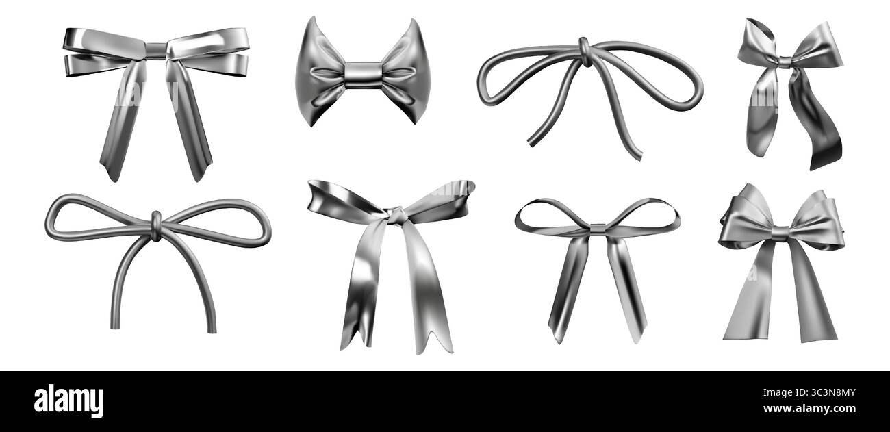 Silbernes 3D-Band. Y2K-Geschenkschleife, Chrom- oder Metallformelemente, Coquette-Krawatte im Hologramm. Flüssiger bowknot. Rendern Sie glänzende isolierte dekorative trendige Objekte, Verpackungen und Boxen Design, Vektorsymbole Set Stock Vektor
