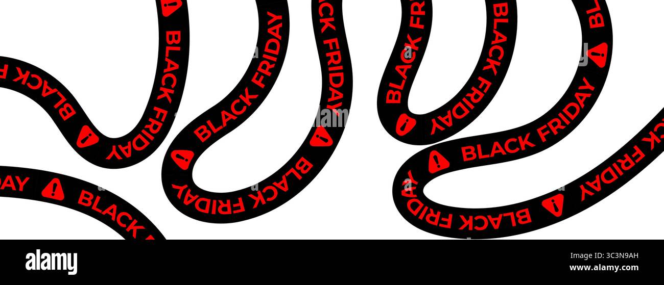 Schwarzes Band mit Warnstreifen am Freitag, Banner für dringende Verkaufsanzeige für Einzelhandelswerbung, Einkaufszone, Promotion-Label, dynamisches Marketing-Design. Kräftige rote Wellenlinie Stock Vektor