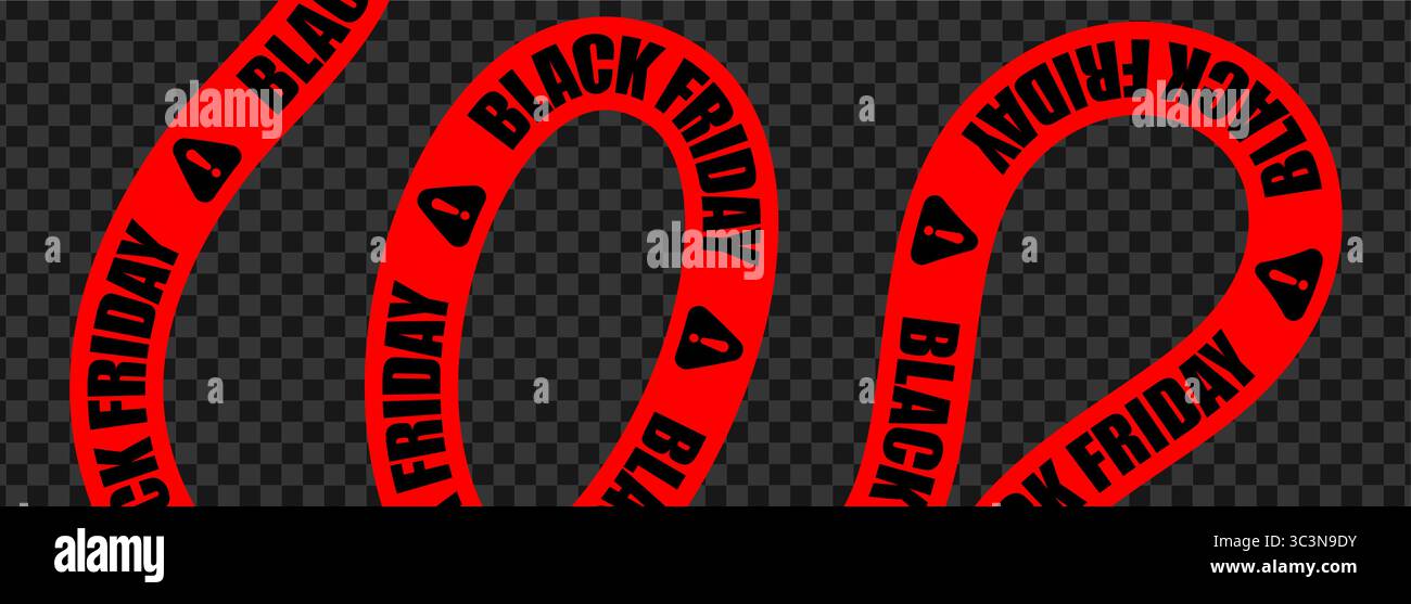 Schwarzes Band mit Warnstreifen am Freitag, Banner für dringende Verkaufsanzeige für Einzelhandelswerbung, Einkaufszone, Promotion-Label, dynamisches Marketing-Design. Kräftige rote Wellenlinie Stock Vektor