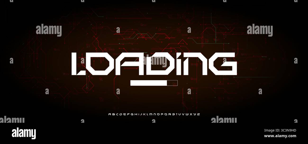 Cyberpunk-Ladetypografie mit Tech Lettern und Digital Circuit Background für Hacking-Schnittstellen, Game Launcher, Security System Stock Vektor