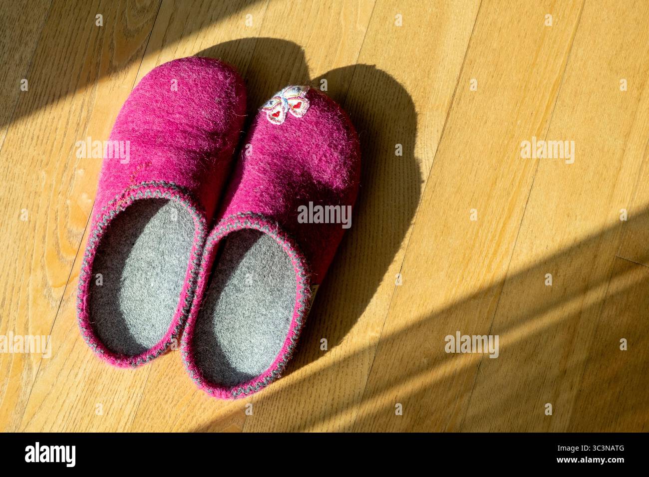 Pinkfarbene Hausschuhe auf kontrastreichem Holzfußboden mit Kopierbereich, Blick auf den Tisch von oben Stockfoto