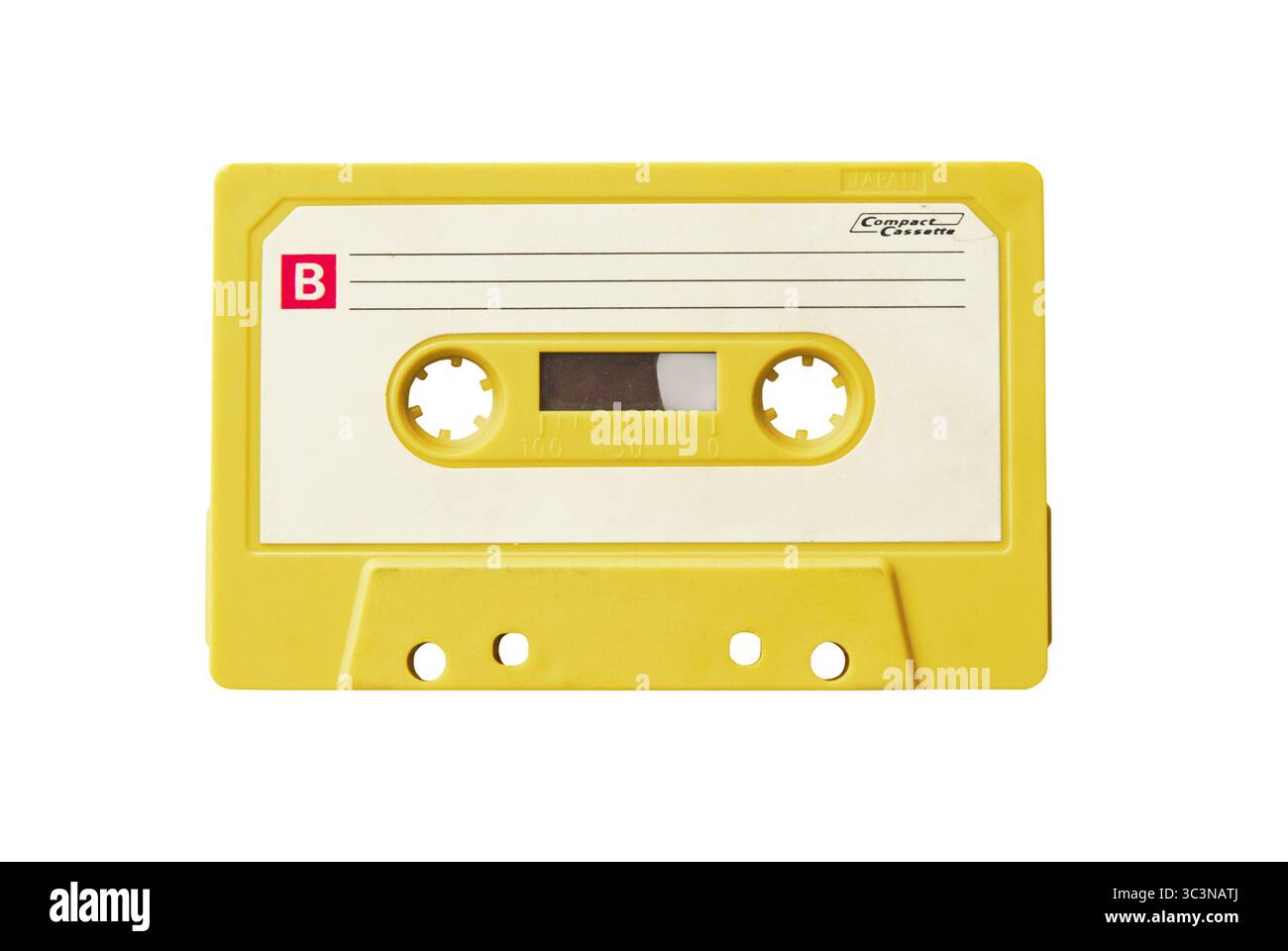 Kompakte Retro-Audiokassette, Vorderansicht isoliert auf weißem Hintergrund Stockfoto