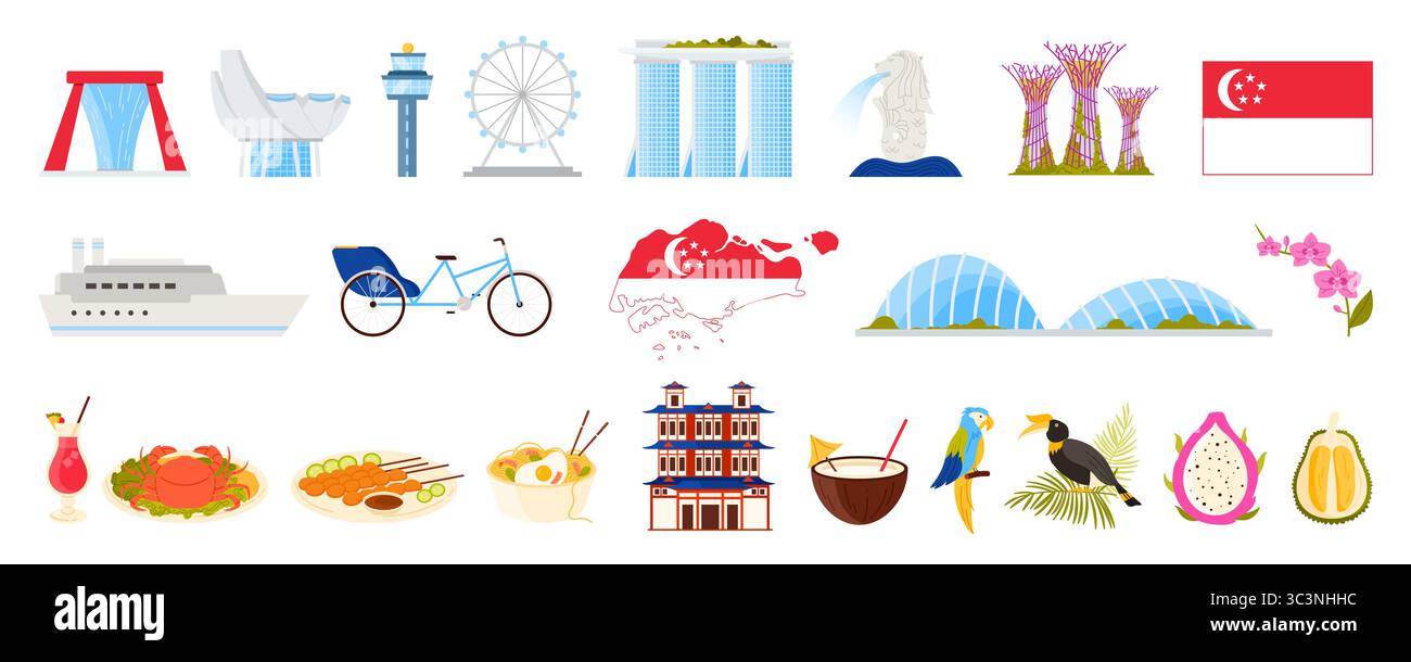 Reisen Sie nach Singapur, kulturelle Elemente, moderne und historische Wahrzeichen, kulinarische Sets. Singapur Flagge und Karte, ArtScience Museum and Gardens by the Bay Supertree, Laksa Cartoon Vektor Illustration Stock Vektor