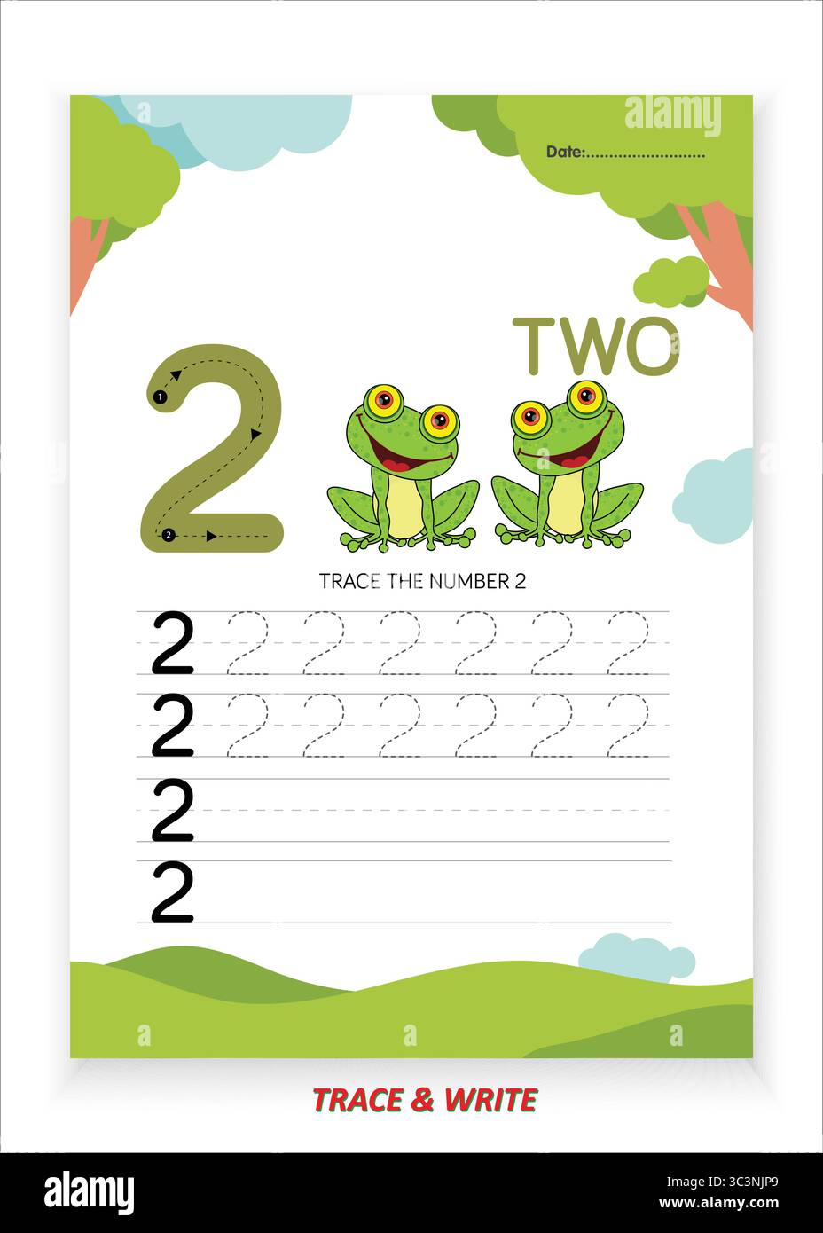 Nummer zwei Übungsblatt zum Nachverfolgen und Schreiben für Kinder Lernen Sie das Nachzeichnen Schreiben und erkennen Sie die Nummer 2 mit großen Umrissen und gekennzeichneten Punkten Stock Vektor