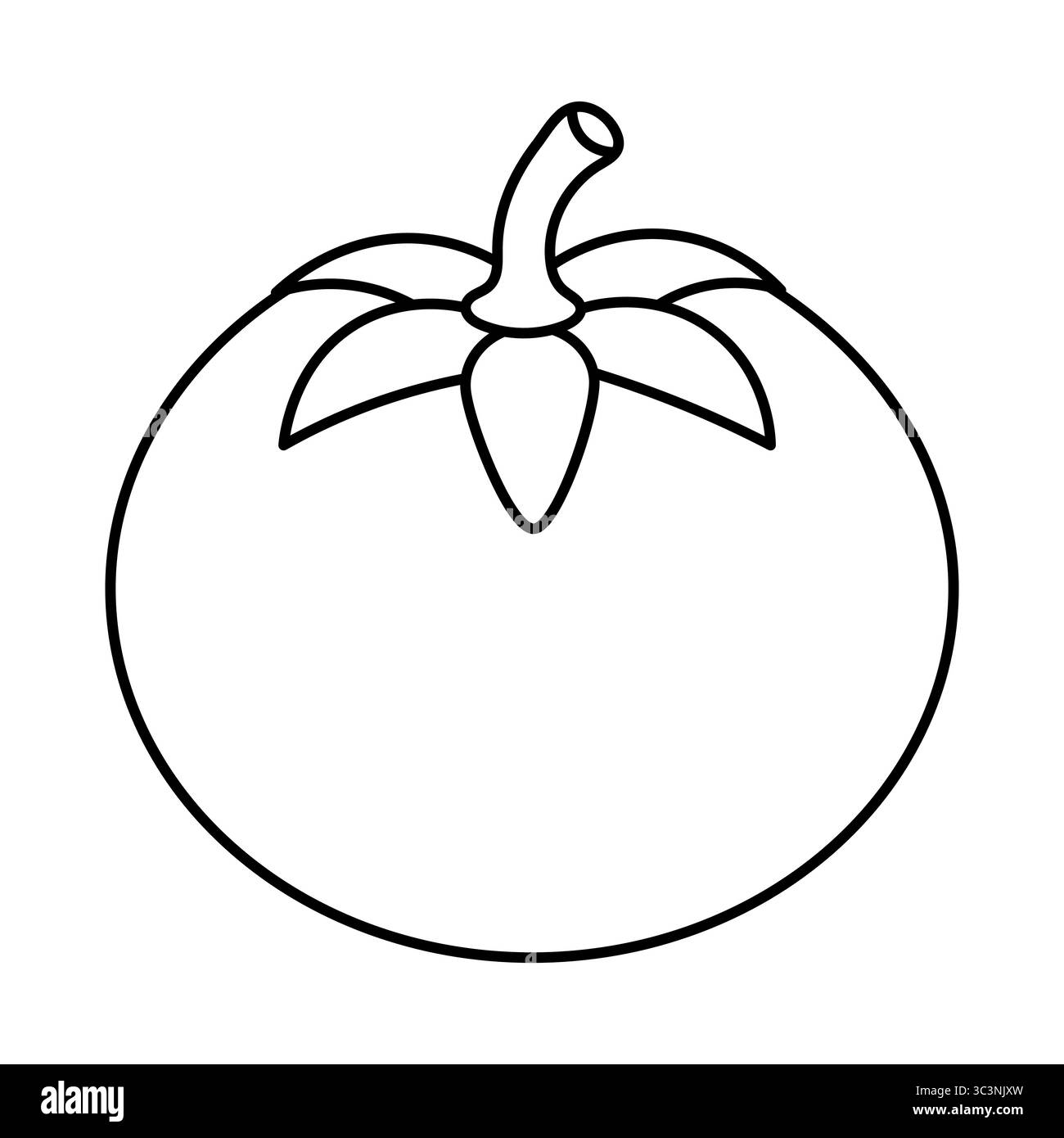 Tomatenkontur Vektor-Illustration. Die Tomate ist in einem minimalistischen Stil mit einem glatten, runden Körper und einem Stiel auf der Oberseite gezeichnet. Stock Vektor