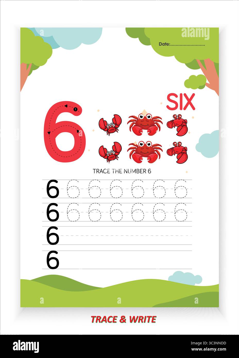 Nummer sechs Übungsblatt zum Nachverfolgen und Schreiben für Kinder Lernen Sie das Nachzeichnen Schreiben und erkennen Sie die Nummer 6 mit großen Umrissen und gekennzeichneten Punkten Stock Vektor