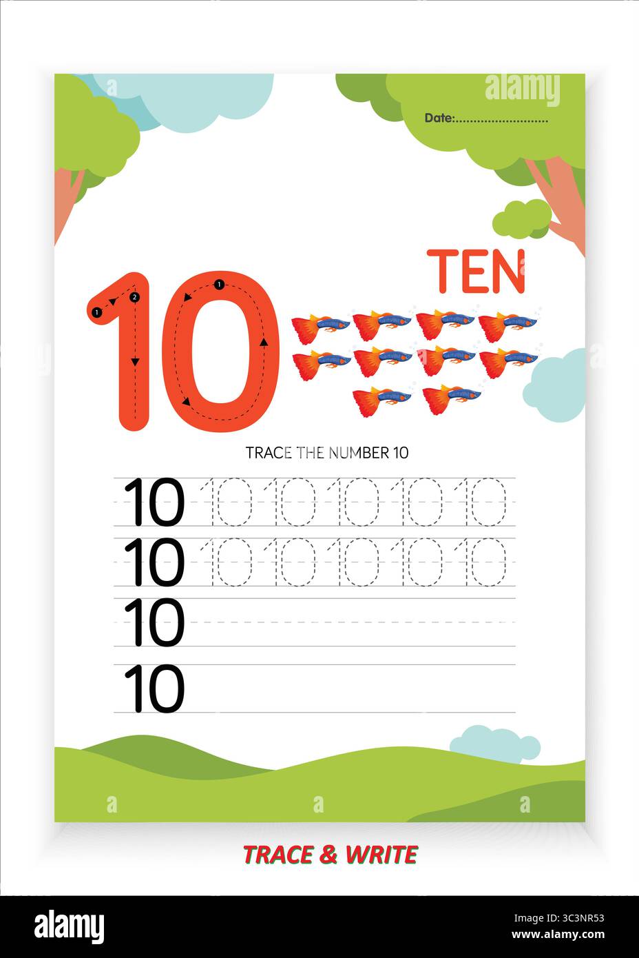 Nummer 10 Übungsblatt zum Nachverfolgen und Schreiben für Kinder Lernen Sie, wie Sie nachverfolgen Schreiben und die Nummer 10 mit großen Umrissen und gekennzeichneten Punkten erkennen Stock Vektor