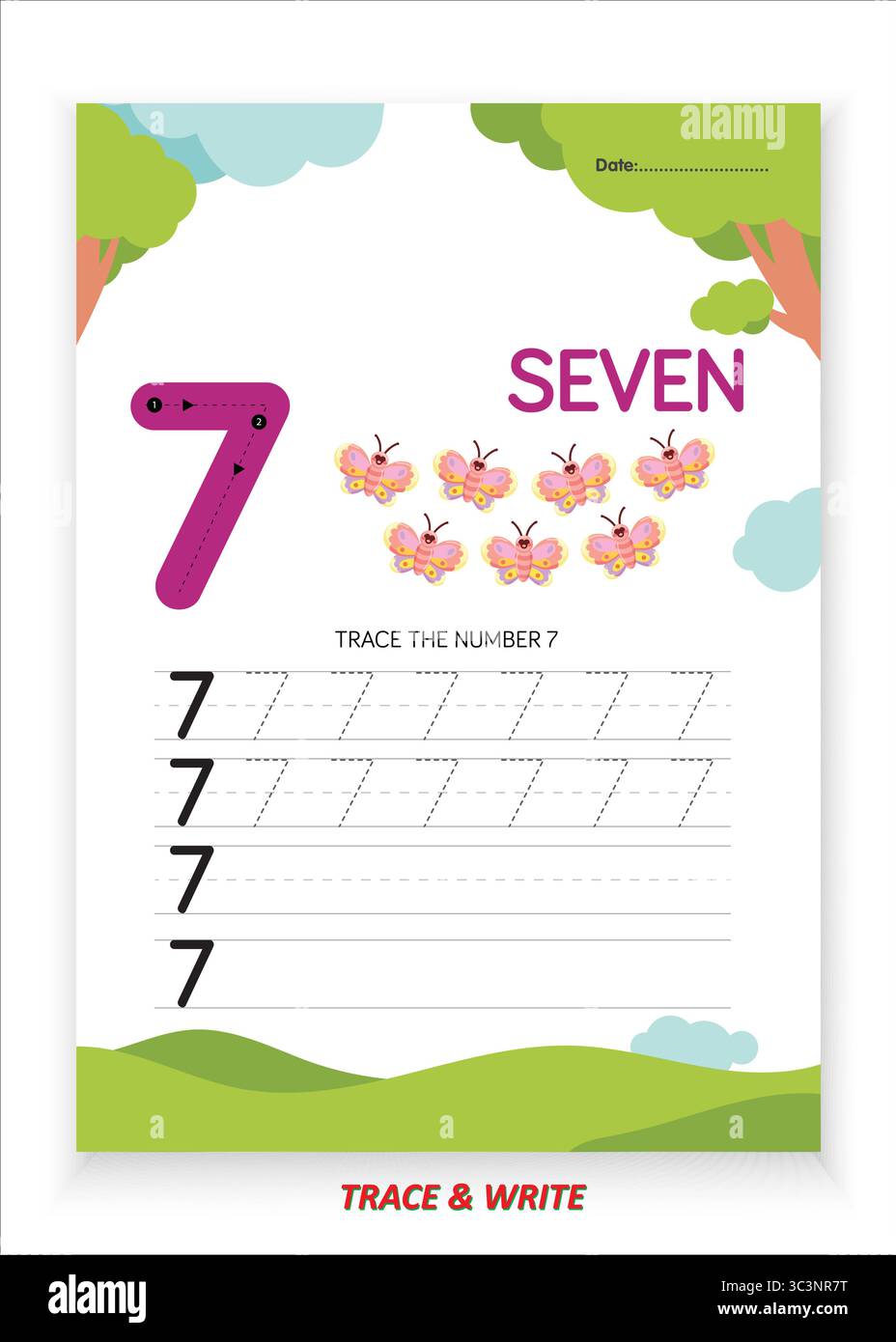 Nummer sieben Übungsblatt zum Nachverfolgen und Schreiben für Kinder Lernen Sie das Nachzeichnen Schreiben und erkennen Sie die Nummer 7 mit großen Umrissen und gekennzeichneten Punkten Stock Vektor