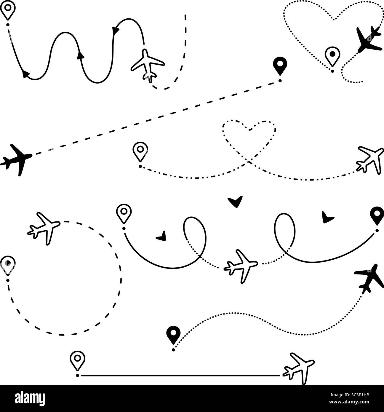 Flugbahn Set, Vektorflugzeug Routensammlung, Flugwege mit Zielen. Schwarze Linien und gepunktete Schilder, Flugzeugverfolgung in verschiedenen Variationen Stock Vektor